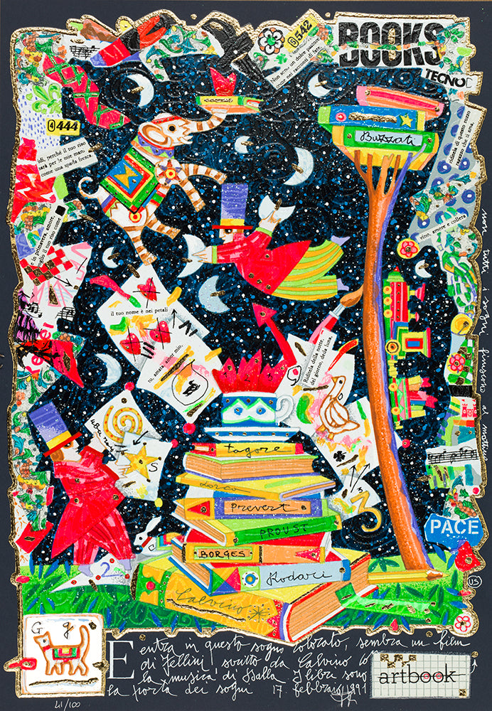 entra in questo sogno colorato, sembra un film di Fellini, scritto da Calvino con la musica di Dalla. I libri sono la porta dei sogni