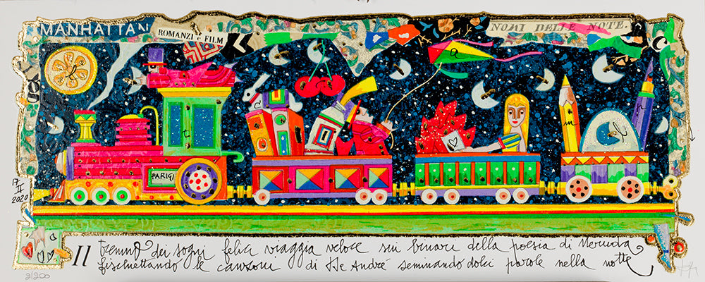il trenino dei sogni felici viaggia veloce sui binari della poesia di Neruda fischiettando le canzoni di De Andrè seminando dolci parole nella notte